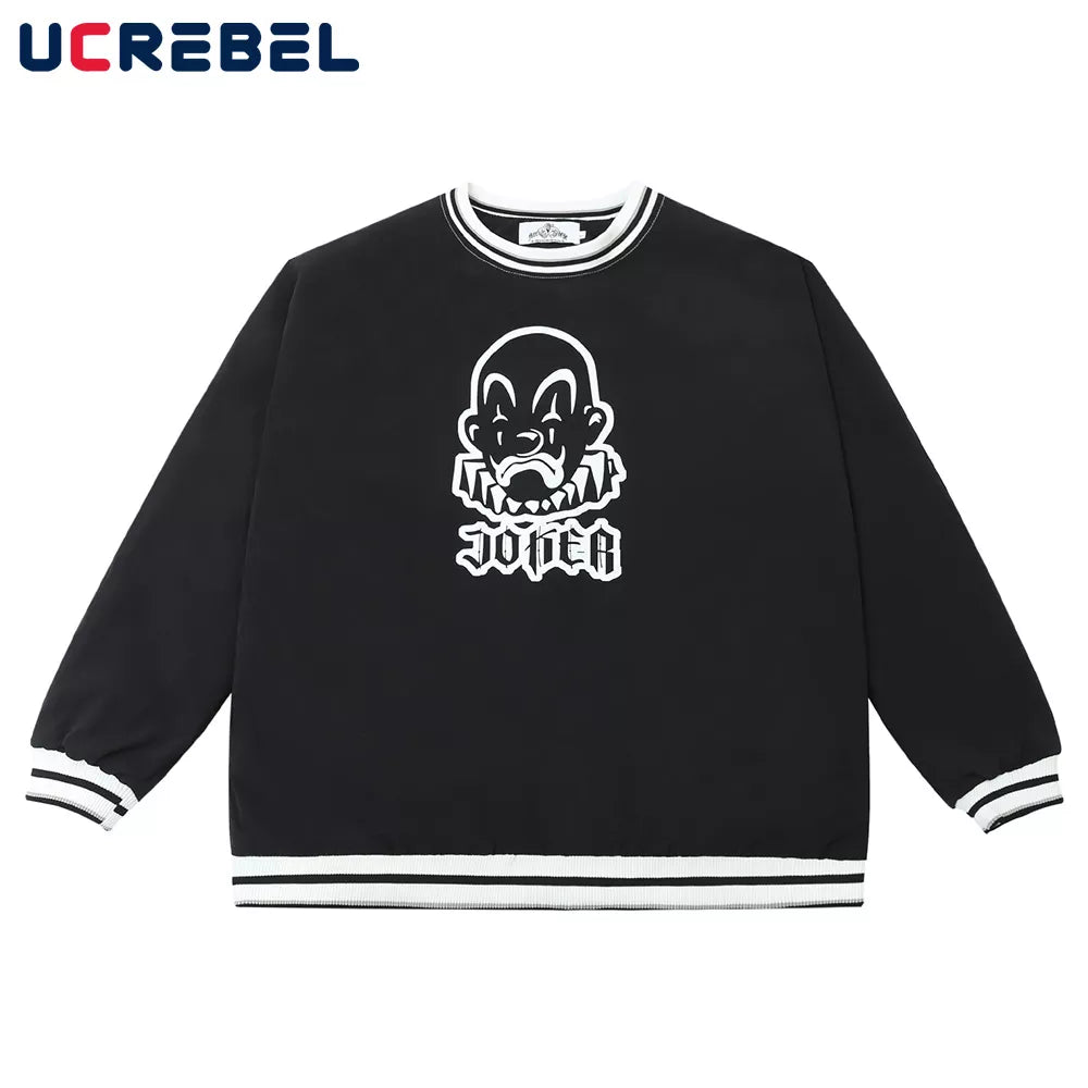 Clown Print Casual Sweatshirts Mens Autumn Winter Loose Quilted Sports Pullover Streetwear Round Neck  Long Sleeve Top Men