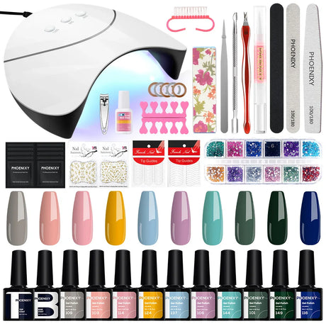 PHOENIXY Gel Nail Polish Set with 36W Nail Lamp Semi Permanent UV Gel Varnish Base Top Coat Complete Nail Art Gel Polish Kit