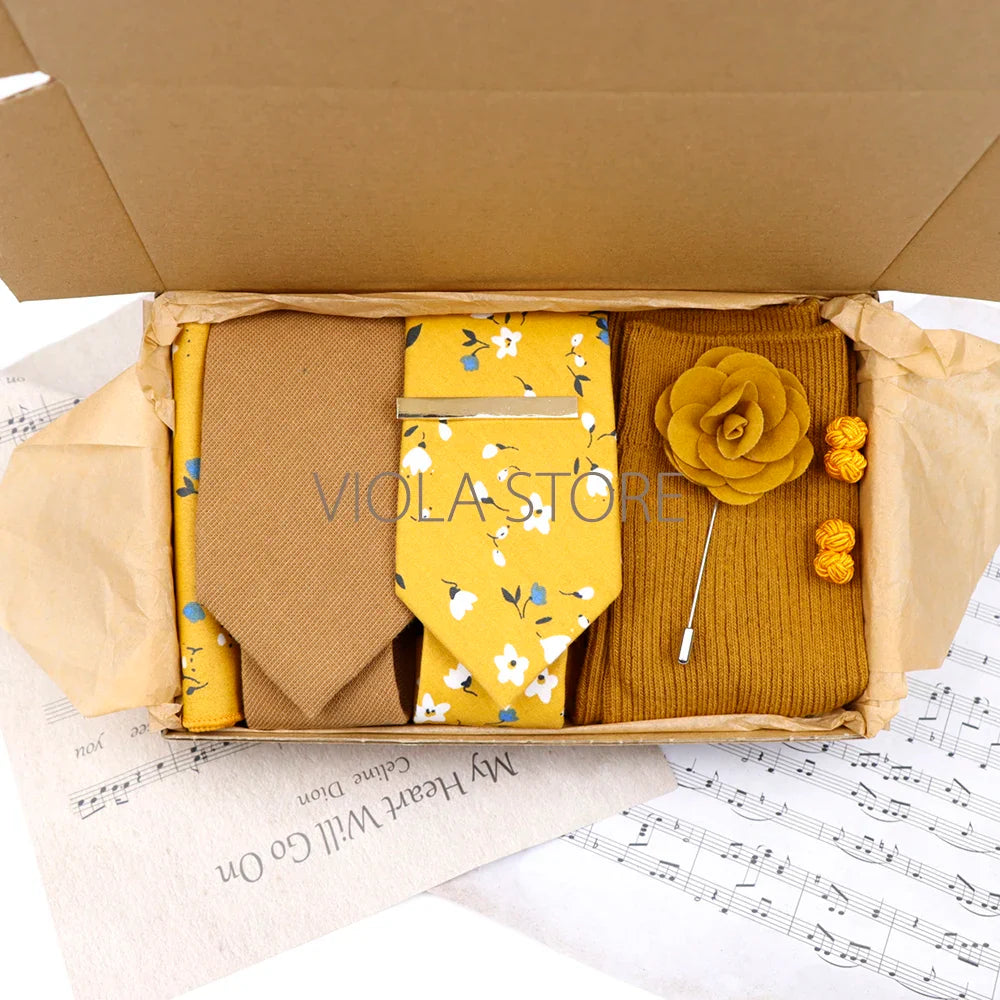 Viola Design 7 PCS Gift Box Cotton Sock Tie Sets Clip Pin Cufflinks Hanky Solid Floral Men Wedding Party Daily Cravat Accessory