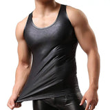 Men Soft Faux Leather Tank Tops Sleeveless Undershirts Male Muscle Vest Tight Crew Neck T-Shirts Summer Slim Fit Singlets Tee