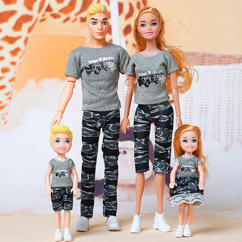 30cm Family Doll Movable Body Mom Dad Ken and Kids 4 Dolls Set 1/6 Barbies Doll Toy for Child Kids Education Birthday Gift