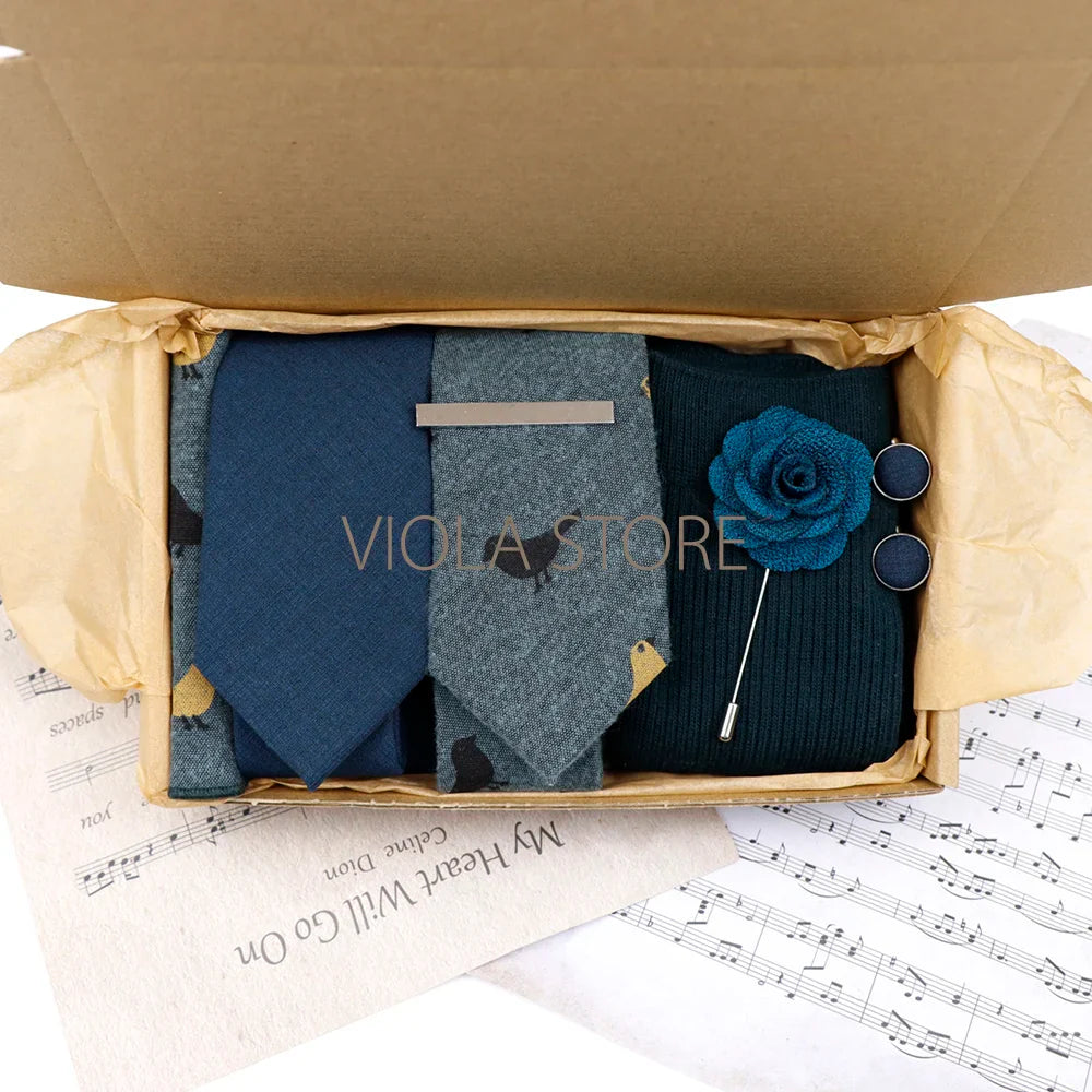 Viola Design 7 PCS Gift Box Cotton Sock Tie Sets Clip Pin Cufflinks Hanky Solid Floral Men Wedding Party Daily Cravat Accessory