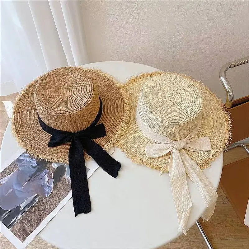 Handmade Ins Straw Hat Raw Edge Shian Hat Flat Brim During Vacation On Beach Sunlight Prevented Sun Hat Make Face look Small