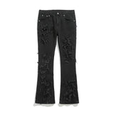 Black Brushed Denim Jeans RO Double-layer Damage Hole Slim Fit Micro Flared Pants Streetwear Washed Destroyed Jeans Mens