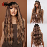 Copper Ginger Brown Wigs with Bangs Natural Synthetic Long Wavy Wigs for Black Women Afro Cosplay Daily Heat Resistant Hair Wig