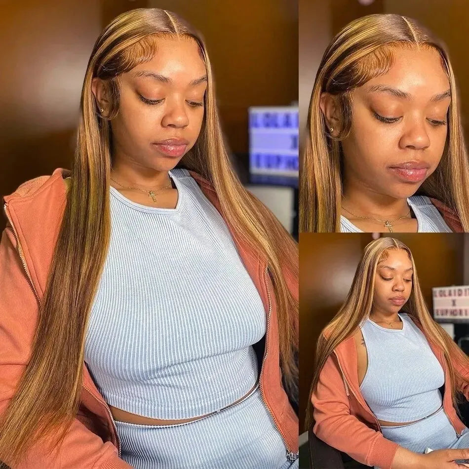 34Inch Bone Straight Highlight Lace Front Human Hair 4/27 Ombre 13x6 Lace Frontal Wigs 13x4 Honey Blonde Colored Wigs For Women