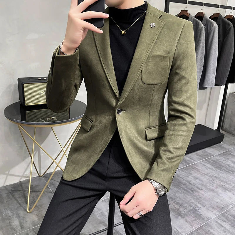 Deerskin Leather Jacket Blazer Men Casual Slim Fit Blazer Hombre Suit Leather Jacket Men Terno Masculino Men Clothing 6 Color