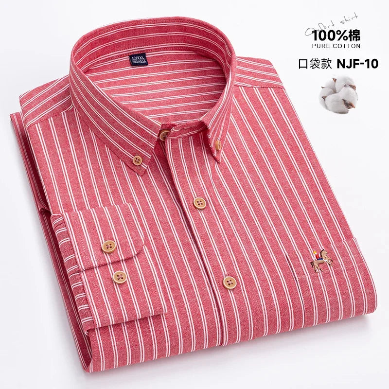 M~6XL Men's Shirt Long Sleeve Cotton Oxford Fashion Casual One Pocket Regular Fit Striped Business Formal Shirt