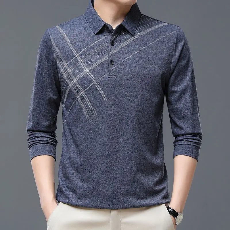 Autumn and Winter Men's 2024 Turndown Collar Spliced Print Button Fashion Versatile Business Casual Long Sleeved T-shirt Polo