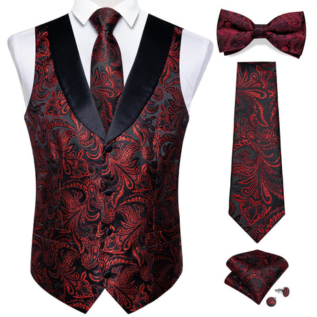 Brand Suit Vest Set For Men Luxury Silk Black Gold Paisley Dress Vest Tie Cufflinks Handkerchief Set Male Sleeveless Waistcoat