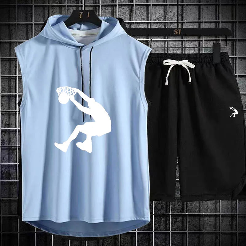 Summer Men's Two Piece Set CasualT-Shirt and Shorts Set Mens Sports Suit Fashion Short Sleeve Tracksuit Hooded T-shirt