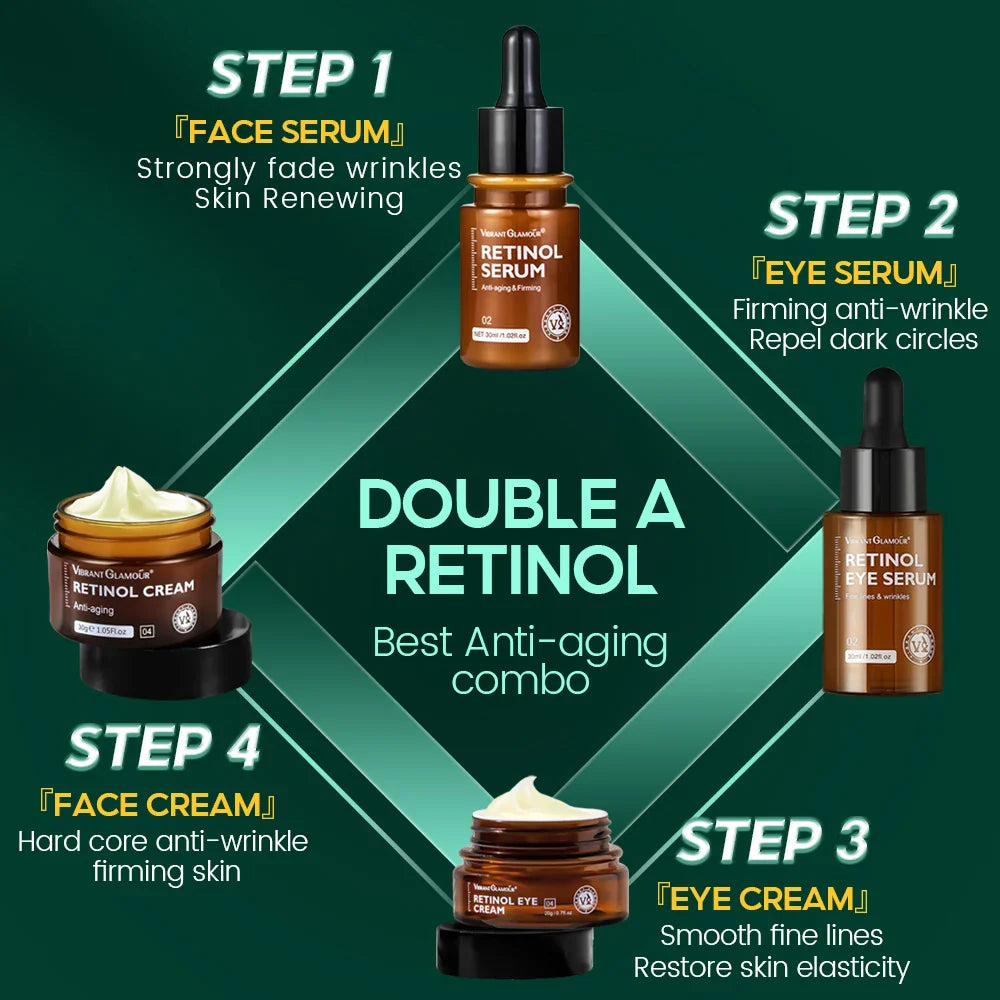 VIBRANT GLAMOUR Retinol Face Eye Cream Serum 4PCS/Set Firming Lifting Anti-Aging Reduce Wrinkle Fine Lines Facial Skin Care Suit