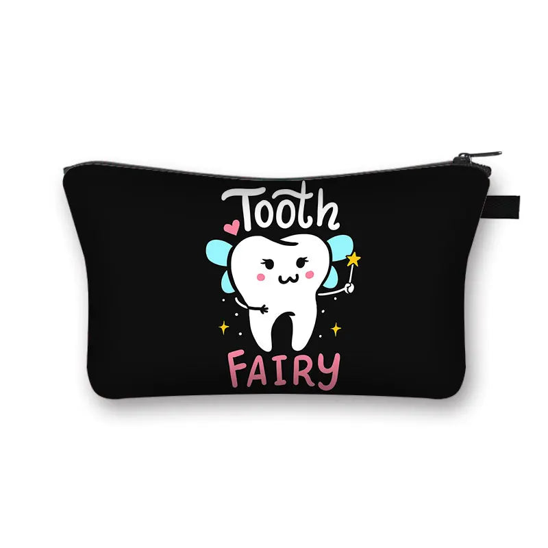 Cartoon Teeth and Tooth Fairy Print Cosmetic Case Women Makeup Organizer Dental Hygienist Girls Storage Bags Ladies Make Up Bag