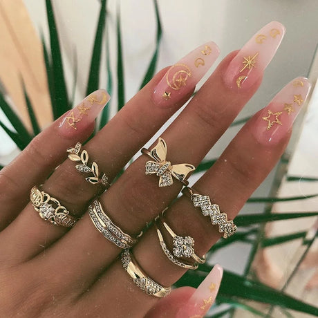 Fashion Green Crystal Knuckle Finger Rings Set For Women  Geometric Female Wedding Ring Trendy Jewelry