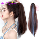 Long Wavy Straight Claw Clip On Ponytail Hair Black mixed with blue Synthetic Ponytail Hair For Women Pony Tail Hair Hairpiece