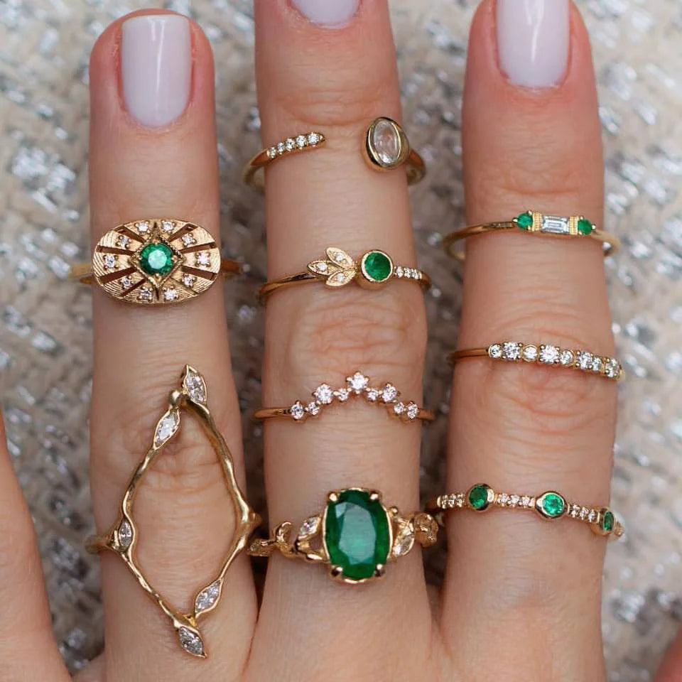 Fashion Green Crystal Knuckle Finger Rings Set For Women  Geometric Female Wedding Ring Trendy Jewelry