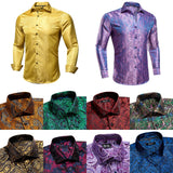 Hi-Tie Gold Luxury Mens Shirts Silk Jacquard High Quality Long Sleeve Lapel Shirt Casual Formal for Male Wedding Business Gifts