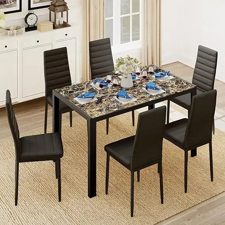 Gizoon Glass Dining Table Sets for 6, 7 Piece Kitchen Table and Chairs Set for 6 Person, PU Leather Modern Dining Room Sets