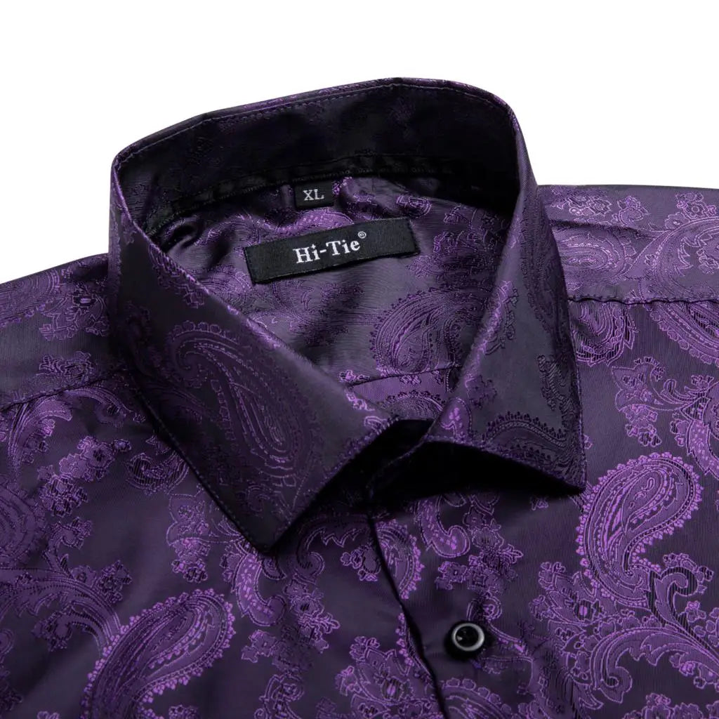 Lilac Mauve Lavender Purple Silk Mens Shirts Luxury Lapel Long Sleeve Dress Shirt Jacquard Blouse for Male Wedding Business Prom