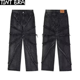 Y2K Punk Black American Street Rock Retro High Waist Oversized Jeans Men Raw Edge Washed Darkwear Wide Leg Trousers Men