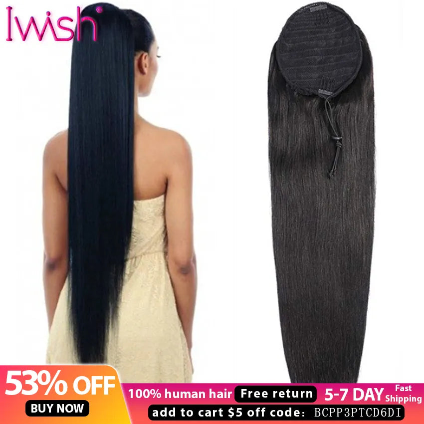 150g Straight Human Hair Wrap Around Ponytail Drawstring Ponytail Extensions Malaysian Remy Long Clip In Ponytail Iwish Hair