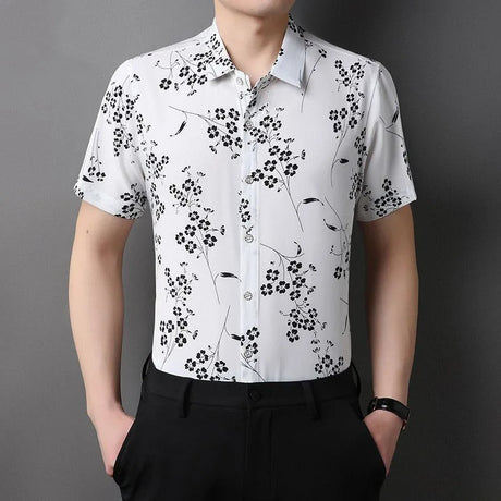 Summer Shirts for Men Short Sleeve Striped Vintage New in Tees Loose Ice Silk Graphic Printed Fashion Polo Collar Casual Tops