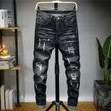 Ripped Denim Luxury Designer Slim Jeans Men's Washed Tapered Brushed Motorcycle Straight Pants Male Black Jean trousers for men