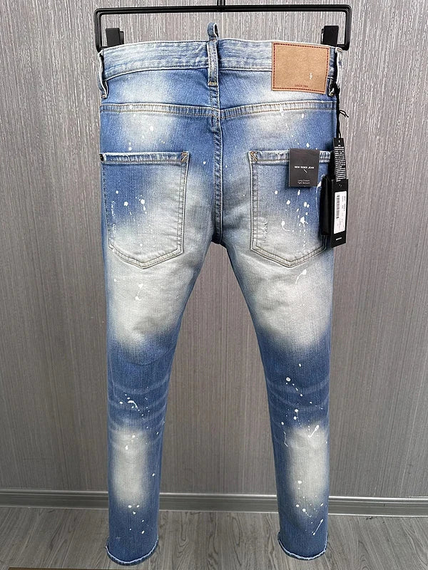 new brand dsq Men Jeans Badge Printed dsq Coolguy Beggar Denim Long Pants Straight Pockets Hole Zipper Button blue jeans pant