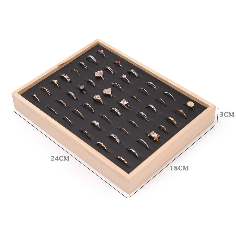 Wood 48 Grids Rings Tray Jewelry Showcase Storage Organizer Ring Display Tray 24*18cm