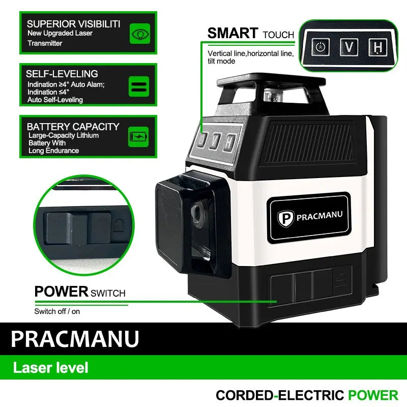 Pracmanu Mini 12 Lines 3D Laser Level 360 Self-Leveling Horizontal And Vertical Cross Line Laser Level Super Powerful Green Beam