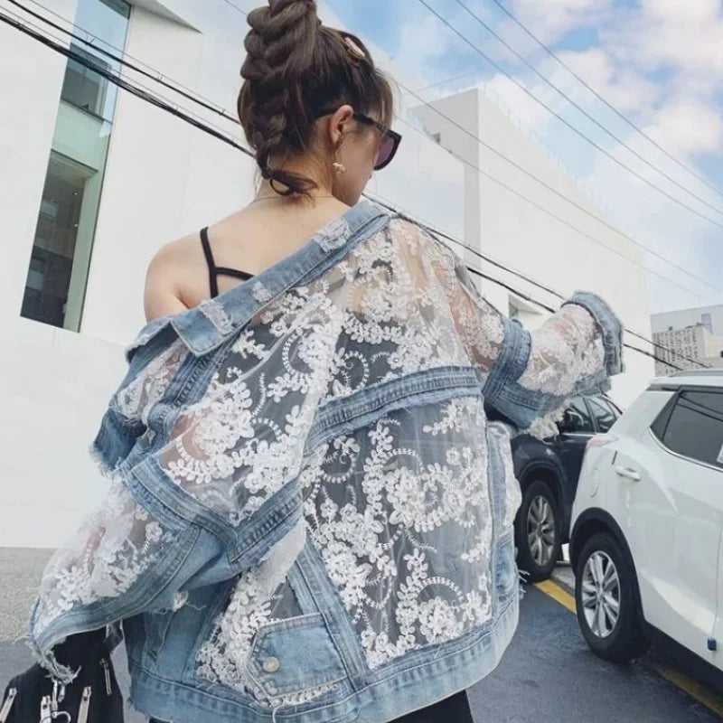 Chaquetas Mujer Summer Streetwear Embroidery Lace Patchwork Sexy Denim Jacket Women Frayed Tassel Loose Korea Blue Jean Coat 3XL