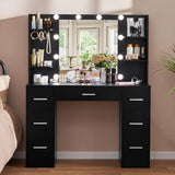 Quimoo Large Vanity Desk with LED Lighted Mirror & Power Outlet,Makeup Vanity Table with 7 Drawers,4 Shelves and 5 Hooks