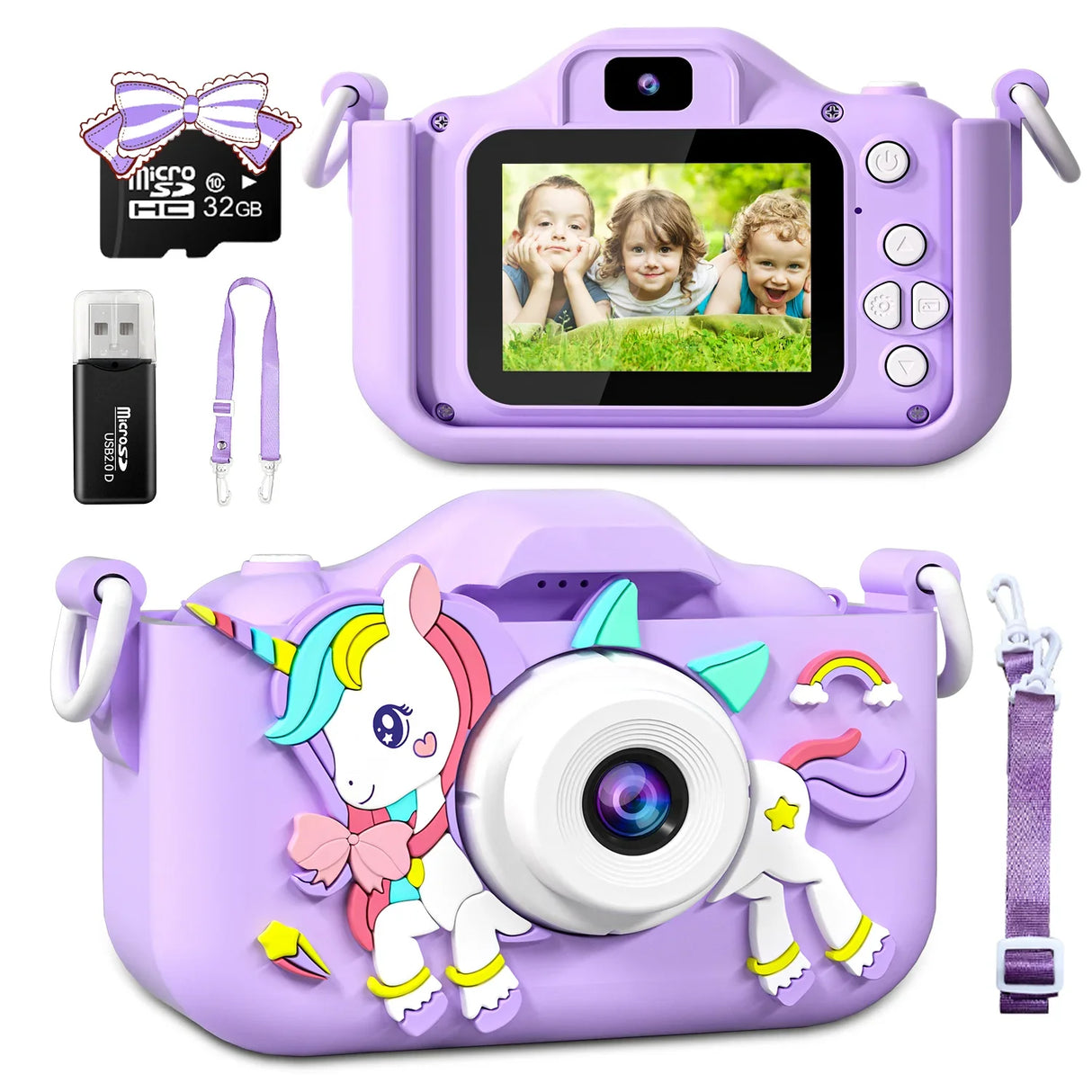 Kids Mini Camera Cartoon Unicorn Toys for Girls Boys Birthday Gifts 1080P HD 2inch Screen With 32G SD Card Record Life Camera