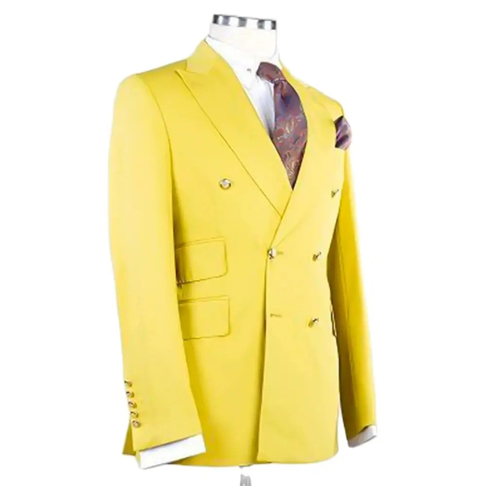 Luxury Men's Suit Blazer Yellow Regular Lenght Peak Lapel Hight Street Chic 2 Piece Jacket Pants Set Business Smart Casual Terno