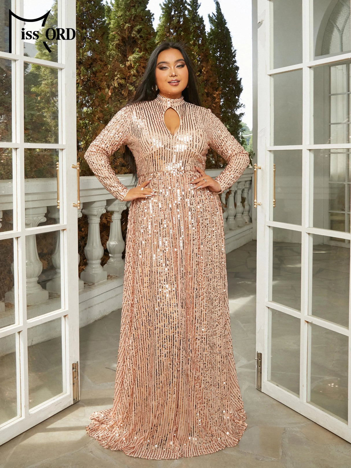 Missord 2024 New Plus Size Elegant Beautiful Women Cutout Round Neck Long Sleeve A-line Evening Wedding Birthday Party Dress