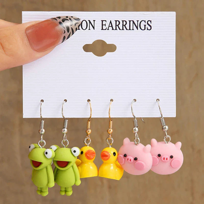 17KM Cartoon Frog Duck Earrings Set Animal Butterfly Cute Dangle Earrings for Women Geometric Bear Cloud Earring Trendy Jewelry