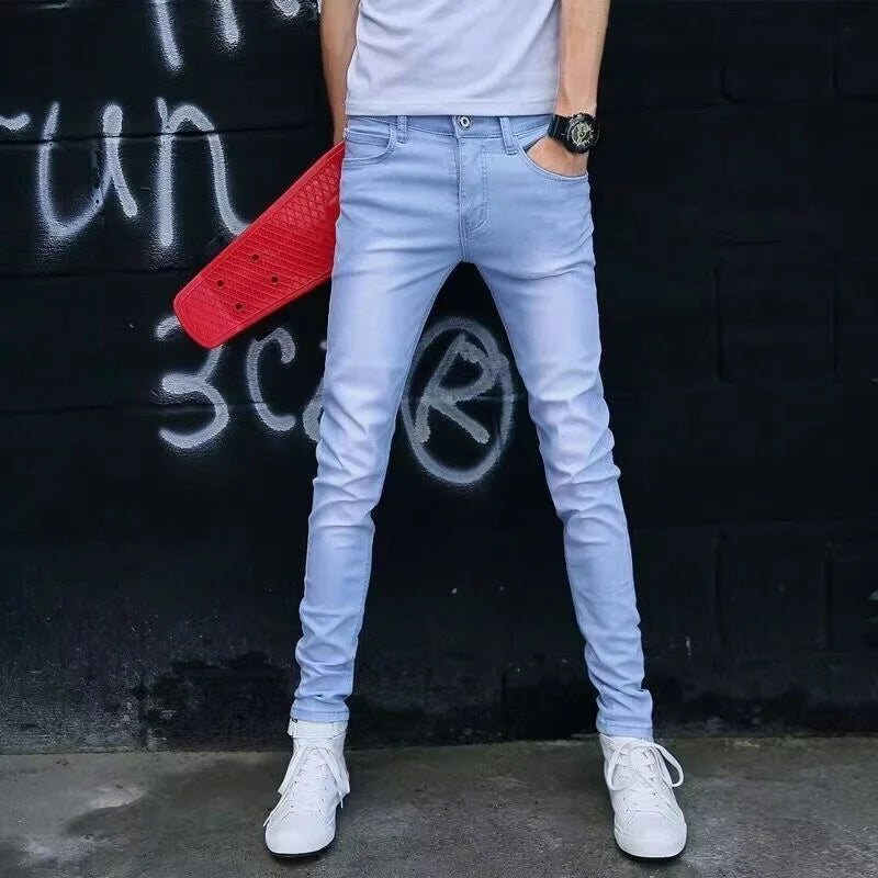 Fashion Mens Slim Fit Denim Pencil Pants High Quality Black White Skinny Stretch Jeans Mens High Street Jeans Four Season