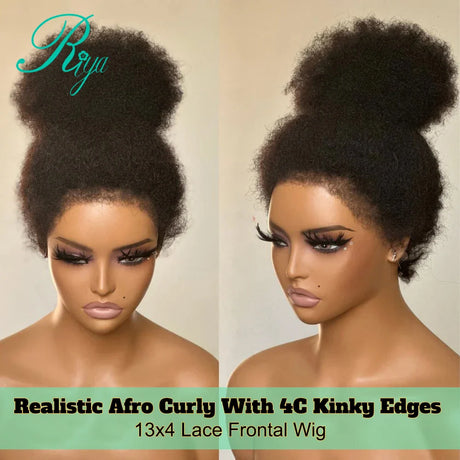 Afro Curly 13x4 Lace Frontal Wig With 4c Edges Mongolian Curly Human Hair Wigs For Black Women Wig Glueless With Bleached Knots