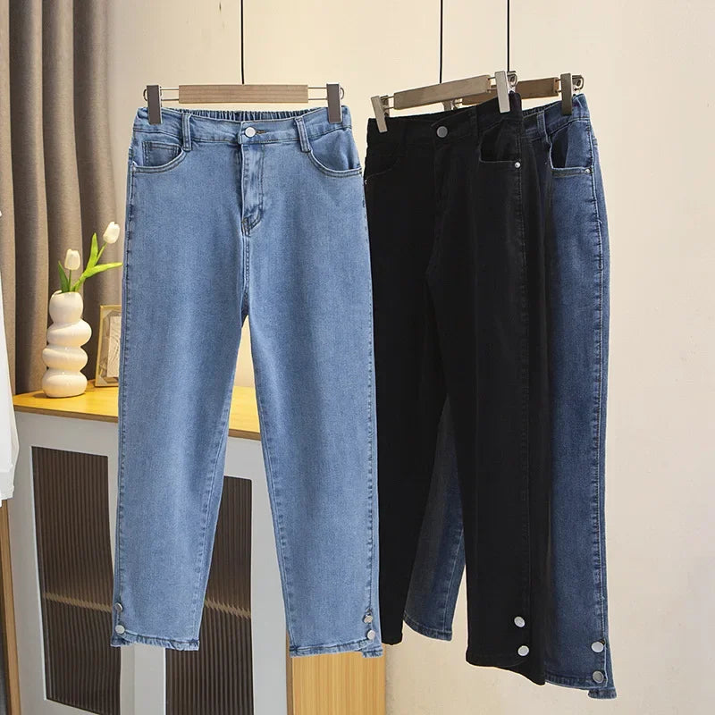 Plus Size Boyfriend Black Drainpipe Jeans For Women HIGH Waist Button Leg Opening Slim Denim Cotton Ankle-Length Straight Pants