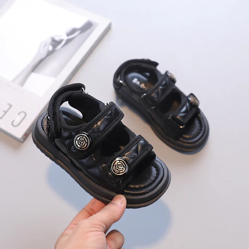 2023 Children Summer Sandals Chic Girls Casual Sandals Solid Black Kids Fashion Princess Japanese Style Classic Flowers Buckle