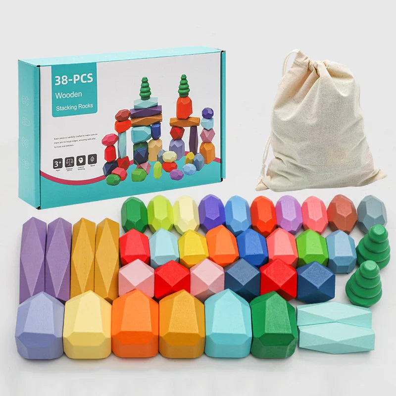 28/38pcs Wooden Rainbow Stone Building Blocks Set Balancing Stacking Game Stacker Children Montessori Educational Toys Gifts