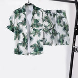 2Pcs/Set Lapel Short Sleeve Single Breasted Drawstring Pockets Men Tracksuit Coconut Tree Print Shirt Loose Shorts Sport Suit St