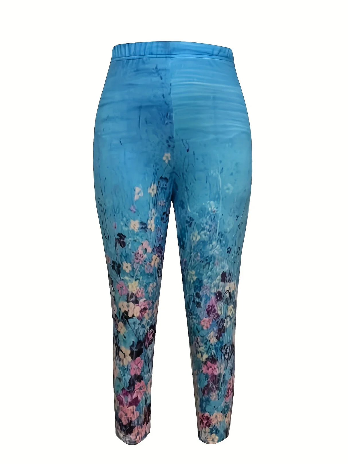 Plus Size Casual Capri Leggings, Women's Plus Floral Print High Rise Skinny Capri Leggings