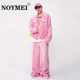 NOYMEI Pink Two Pieces Set Fashionable Long Sleeve Pocket Coat+Straight Wide Leg Casual Pants Men Denim Trendy Suit WA1595