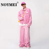 NOYMEI Pink Two Pieces Set Fashionable Long Sleeve Pocket Coat+Straight Wide Leg Casual Pants Men Denim Trendy Suit WA1595