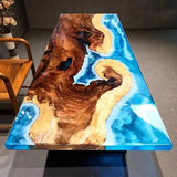 New Irregular Luxury Modern Blue River Lake Sea Wave Wood Epoxy Resin Dining Table 220*80*5CM