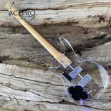 4 String Blue LED Lights Electric Bass Guitar, Clear Acrylic Crystal Body, Maple Neck, Rosewood Fingerboard