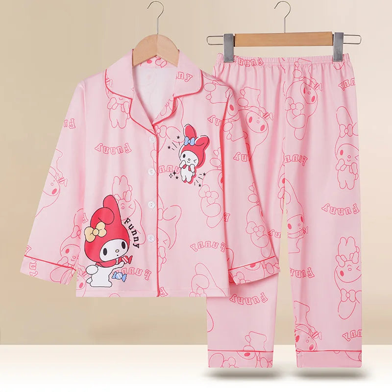 Spring Miniso Cute Children's Pajamas Sets Kawaii Anime Kuromi Pochacco Cinnamoroll Girl Boy Sleepwear Milk Silk Kids Loungewear