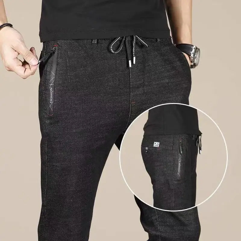 Men's Winter Pants Fleece-lined Jeans Brushed Black Street Fashion Comfort Flex Zipper Pocket Stretch Plush Thicken Trousers Man