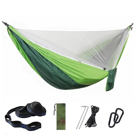 Double Travel Camping Hammock with Mosquito Net,Backpacking Portable Parachute 5+1 Ring Strap Hammock